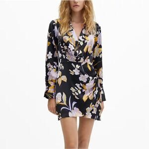 NWT MNG Floral Print Satin Dress Black Purple Ruched Long Sleeve Casual Size S